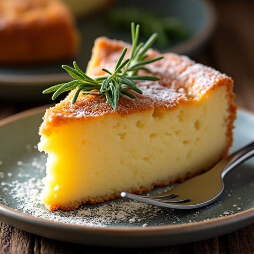 Fetta di torta della nonna guarnita con un rametto di rosmarino
